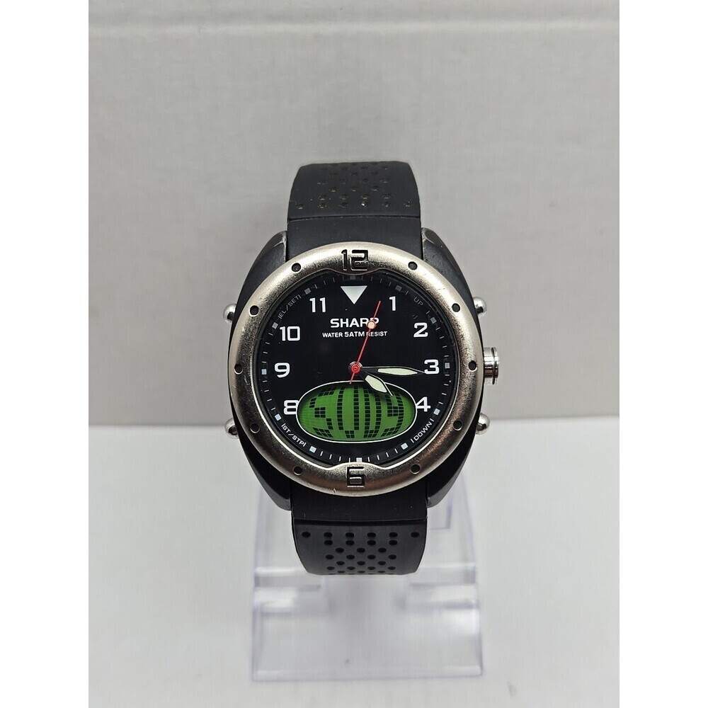 Sharp Analog Digital Quartz Sport Watch 5 ATM Black Rubber Band New Battery Mens